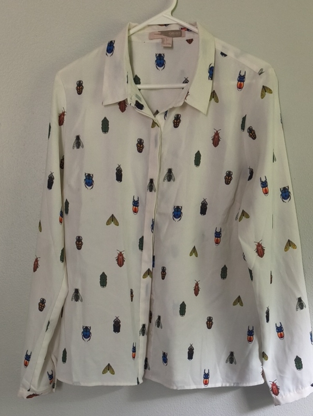Forever 21 Off-White Button-Down Shirt with Multicolor Bug Print